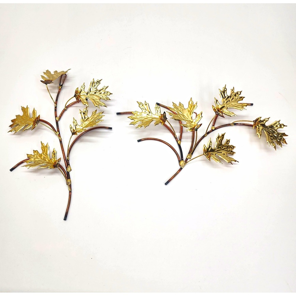 Vintage Brass Gold Oak Leaf Metal Wall Decor Pair Copper Branch MCM 1960s 70s